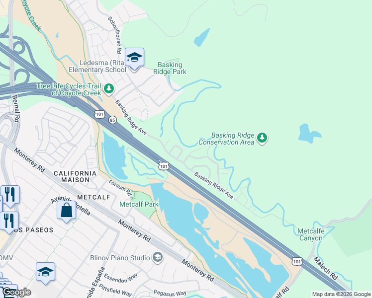 map of restaurants, bars, coffee shops, grocery stores, and more near 7059 Goldenspur Loop in San Jose