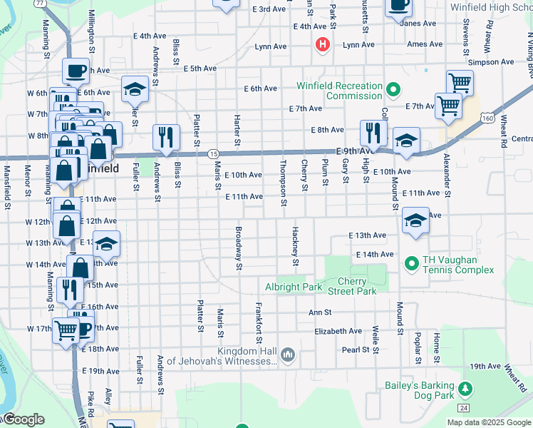 map of restaurants, bars, coffee shops, grocery stores, and more near 1002 East 12th Avenue in Winfield