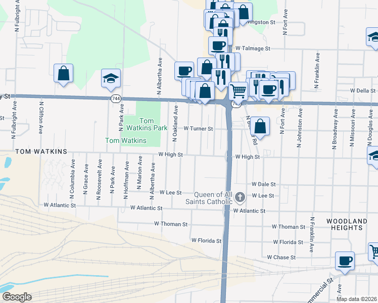 map of restaurants, bars, coffee shops, grocery stores, and more near 1839 West High Street in Springfield
