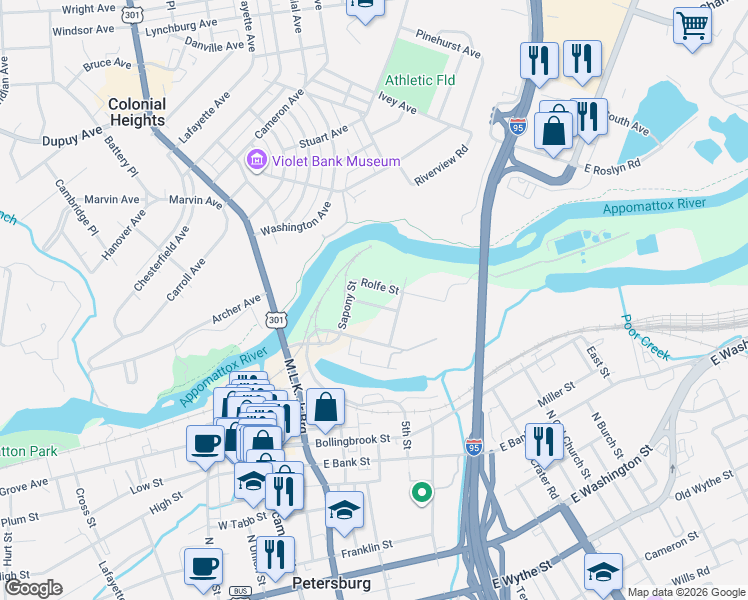 map of restaurants, bars, coffee shops, grocery stores, and more near 205 Witten Street in Petersburg