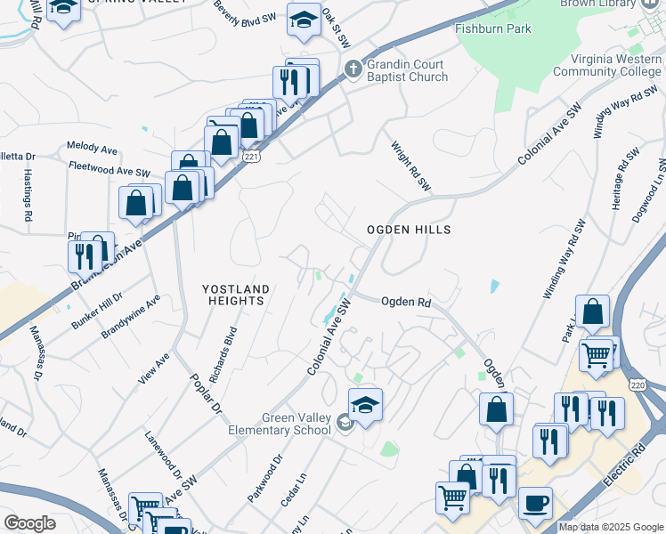 map of restaurants, bars, coffee shops, grocery stores, and more near 3406 Sunchase Court in Roanoke