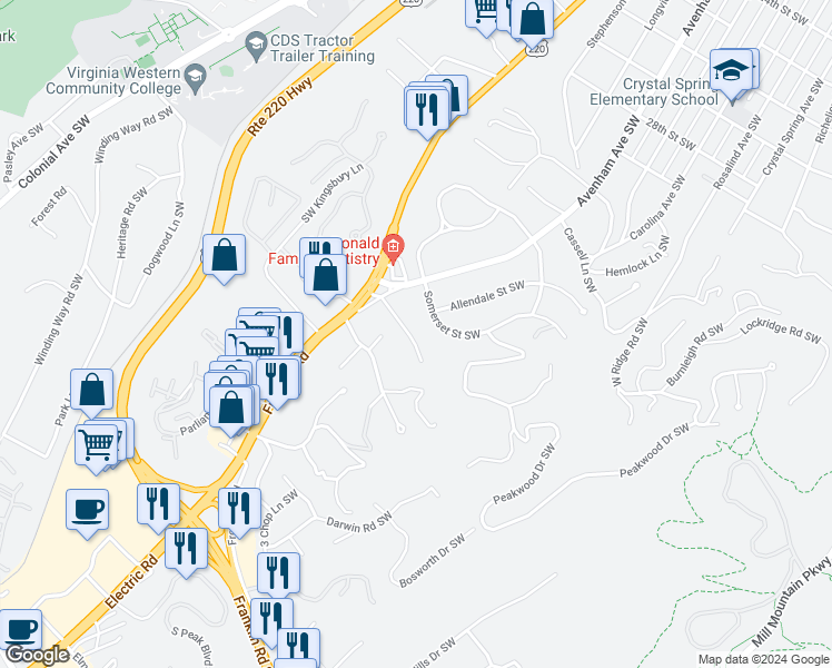 map of restaurants, bars, coffee shops, grocery stores, and more near 533 Dillard Road Southwest in Roanoke