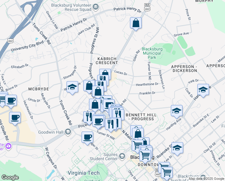 map of restaurants, bars, coffee shops, grocery stores, and more near 818 Montgomery Street in Blacksburg