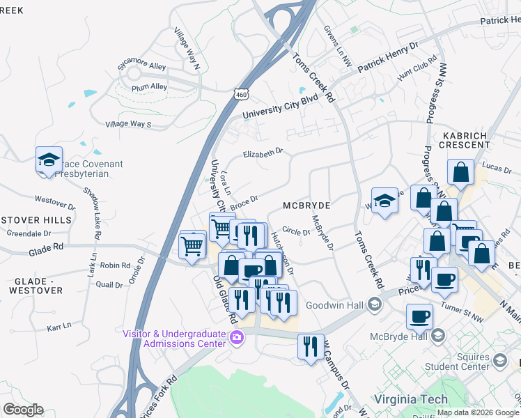 map of restaurants, bars, coffee shops, grocery stores, and more near 840 Hutcheson Dr in Blacksburg