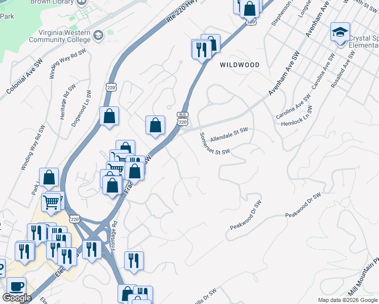 map of restaurants, bars, coffee shops, grocery stores, and more near 540 Dillard Road Southwest in Roanoke