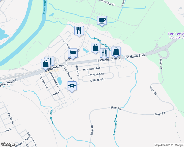 map of restaurants, bars, coffee shops, grocery stores, and more near 2111 North Whitehill Drive in Petersburg