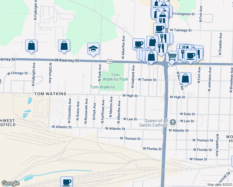 map of restaurants, bars, coffee shops, grocery stores, and more near 2009 West High Street in Springfield