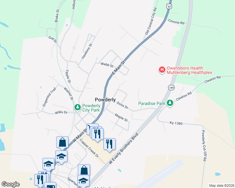 map of restaurants, bars, coffee shops, grocery stores, and more near 206 West Mercer Street in Powderly