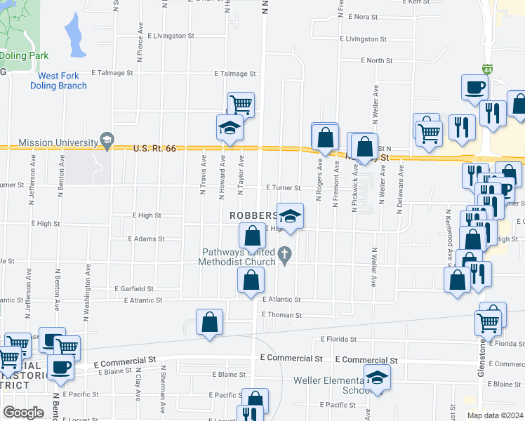 map of restaurants, bars, coffee shops, grocery stores, and more near 2226 North National Avenue in Springfield
