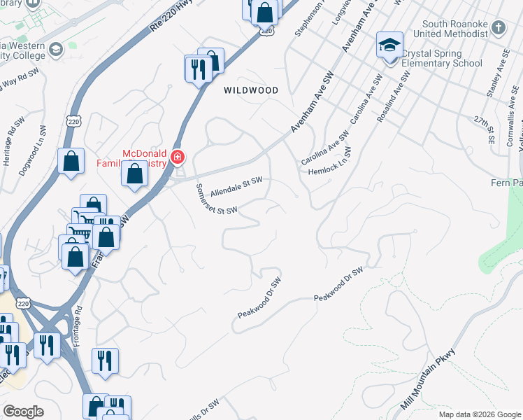 map of restaurants, bars, coffee shops, grocery stores, and more near 3136 Somerset Street Southwest in Roanoke