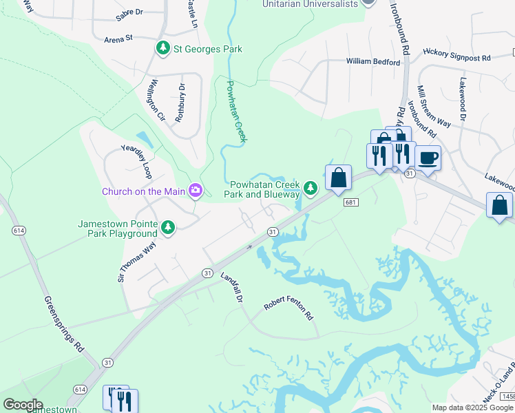 map of restaurants, bars, coffee shops, grocery stores, and more near 3204 London Company Way in Williamsburg