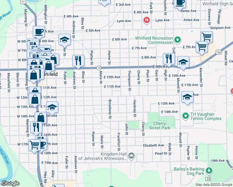 map of restaurants, bars, coffee shops, grocery stores, and more near 900 East 12th Avenue in Winfield
