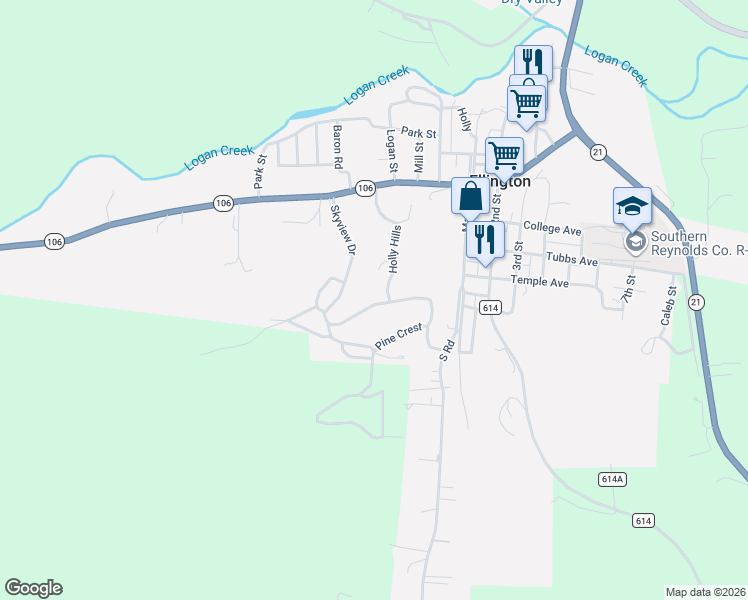map of restaurants, bars, coffee shops, grocery stores, and more near 505 Skyview Drive in Ellington