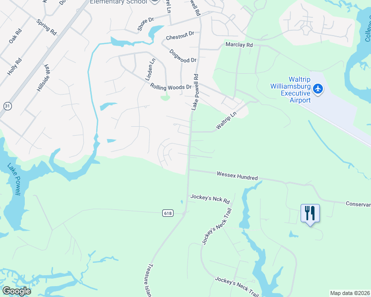 map of restaurants, bars, coffee shops, grocery stores, and more near 5501 Brixton Road in Williamsburg
