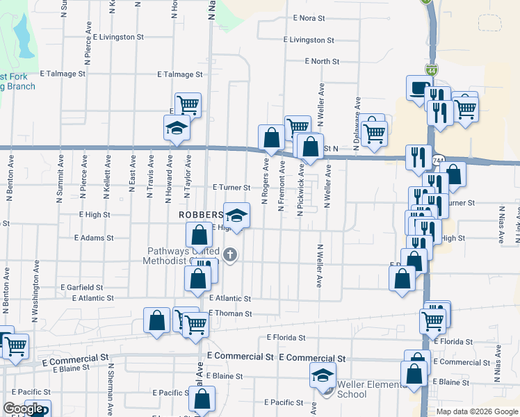 map of restaurants, bars, coffee shops, grocery stores, and more near 2227 North Rogers Avenue in Springfield