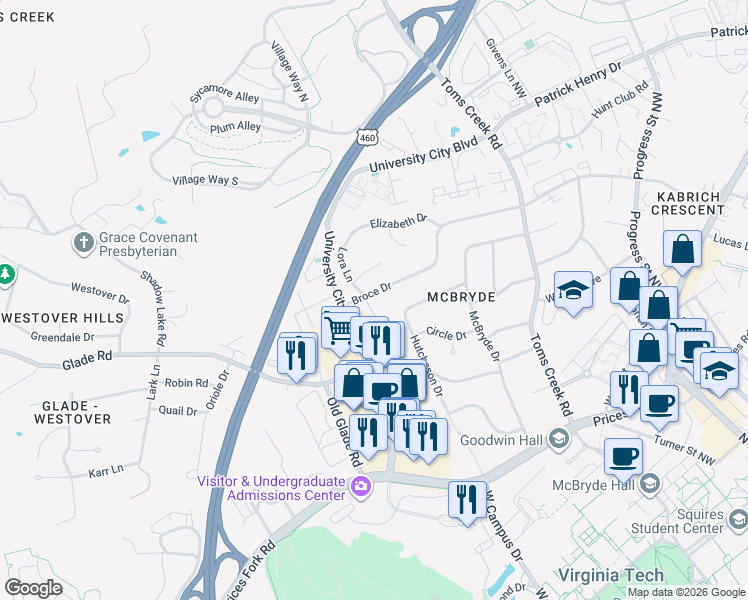 map of restaurants, bars, coffee shops, grocery stores, and more near 840 Hutcheson Drive in Blacksburg