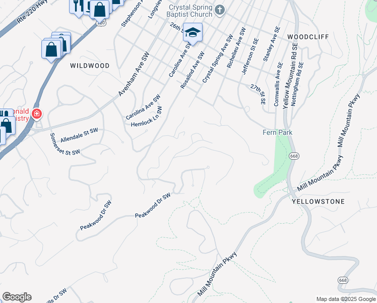 map of restaurants, bars, coffee shops, grocery stores, and more near 3050 Burnleigh Road Southwest in Roanoke