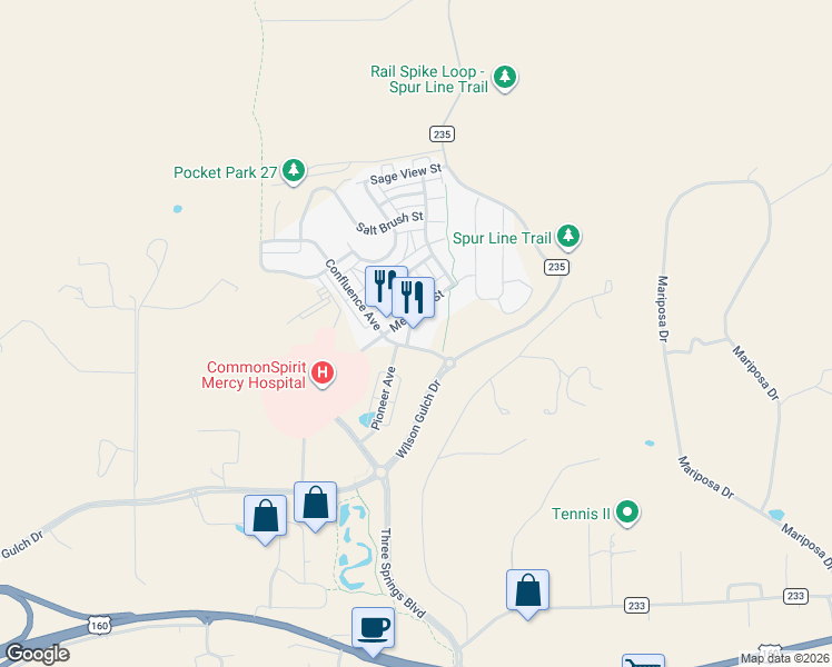 map of restaurants, bars, coffee shops, grocery stores, and more near 150 Confluence Avenue in Durango