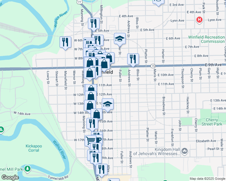 map of restaurants, bars, coffee shops, grocery stores, and more near 1114 Loomis Street in Winfield