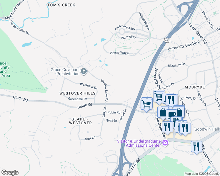 map of restaurants, bars, coffee shops, grocery stores, and more near 1908 Shadow Lake Road in Blacksburg