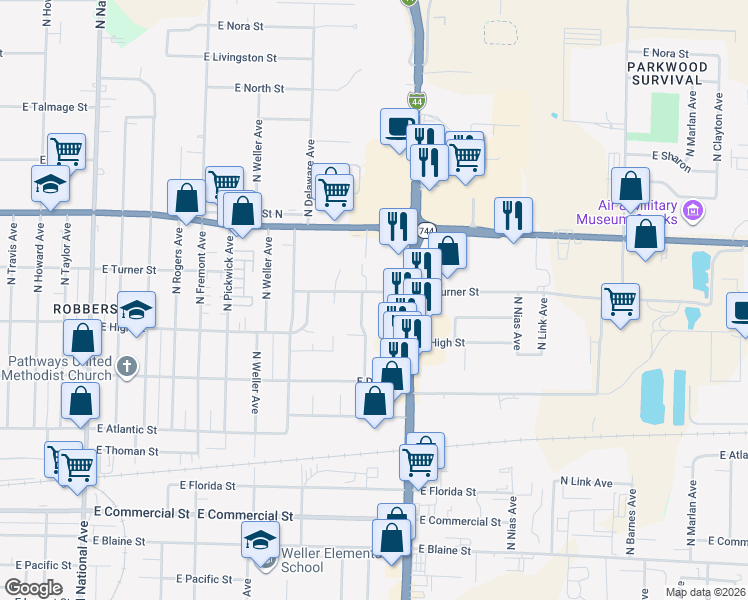 map of restaurants, bars, coffee shops, grocery stores, and more near 1710 East Turner Street in Springfield
