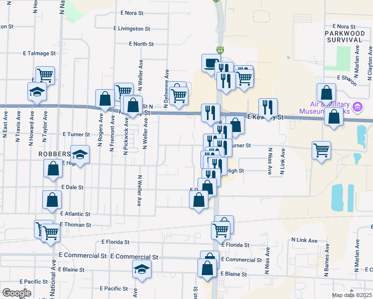 map of restaurants, bars, coffee shops, grocery stores, and more near 2226 North Avenue B in Springfield