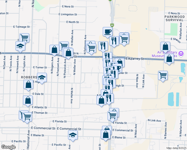 map of restaurants, bars, coffee shops, grocery stores, and more near 2226 North Avenue B in Springfield
