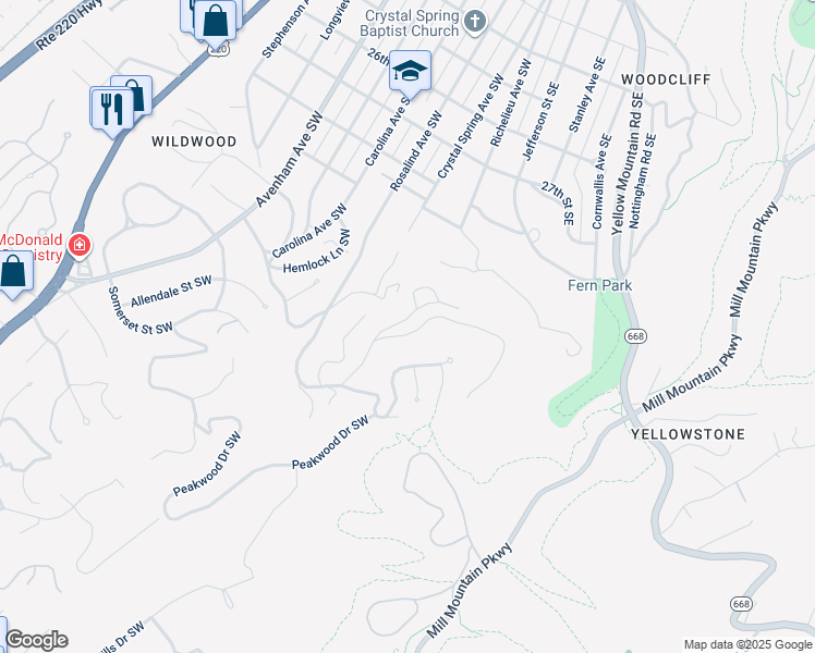 map of restaurants, bars, coffee shops, grocery stores, and more near 3050 Burnleigh Road Southwest in Roanoke