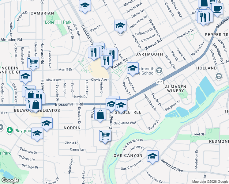map of restaurants, bars, coffee shops, grocery stores, and more near 5502 Camden Avenue in San Jose
