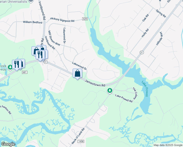 map of restaurants, bars, coffee shops, grocery stores, and more near 122 Ware Road in Williamsburg