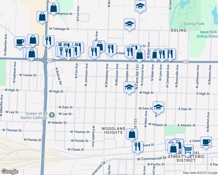 map of restaurants, bars, coffee shops, grocery stores, and more near 2200 North Broadway Avenue in Springfield