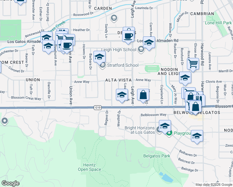 map of restaurants, bars, coffee shops, grocery stores, and more near 5526 Sharon Lane in San Jose