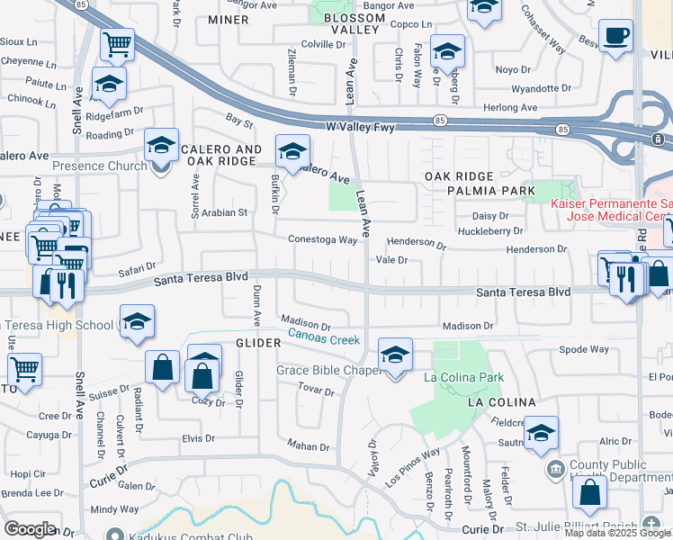 map of restaurants, bars, coffee shops, grocery stores, and more near 6088 Horton Court in San Jose