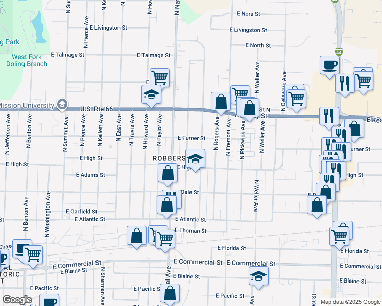 map of restaurants, bars, coffee shops, grocery stores, and more near 2223 North Prospect Avenue in Springfield