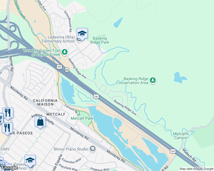 map of restaurants, bars, coffee shops, grocery stores, and more near 7059 Goldenspur Loop in San Jose