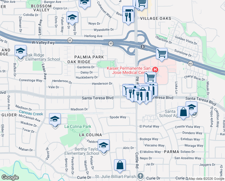 map of restaurants, bars, coffee shops, grocery stores, and more near 306 Henderson Drive in San Jose