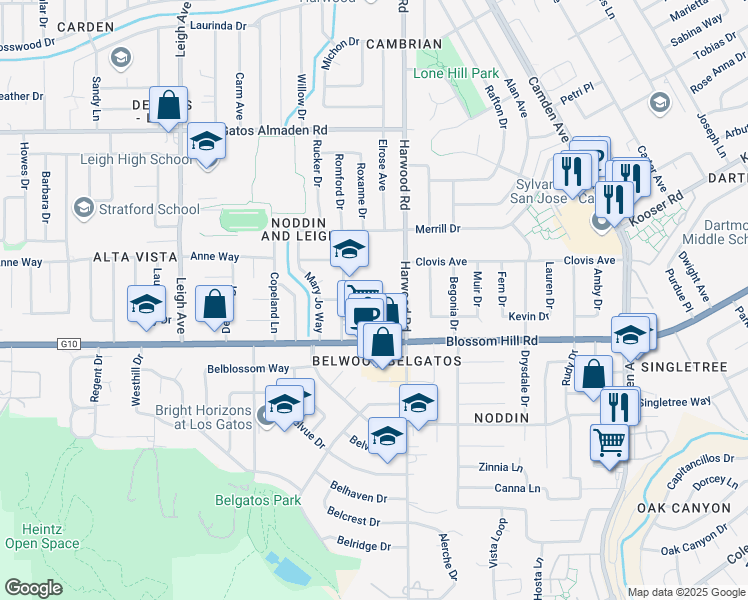 map of restaurants, bars, coffee shops, grocery stores, and more near 5506 Thureson Way in San Jose
