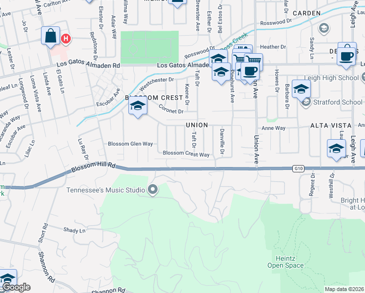 map of restaurants, bars, coffee shops, grocery stores, and more near 5548 Blossom Terrace Court in San Jose
