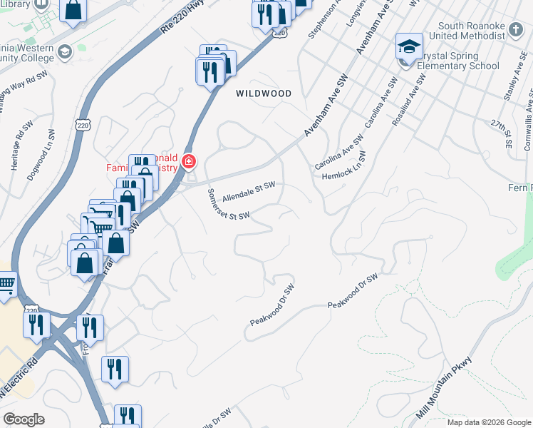 map of restaurants, bars, coffee shops, grocery stores, and more near 3136 Somerset Street Southwest in Roanoke