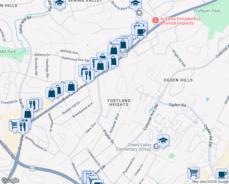 map of restaurants, bars, coffee shops, grocery stores, and more near 3561 Forester Road Southwest in Roanoke