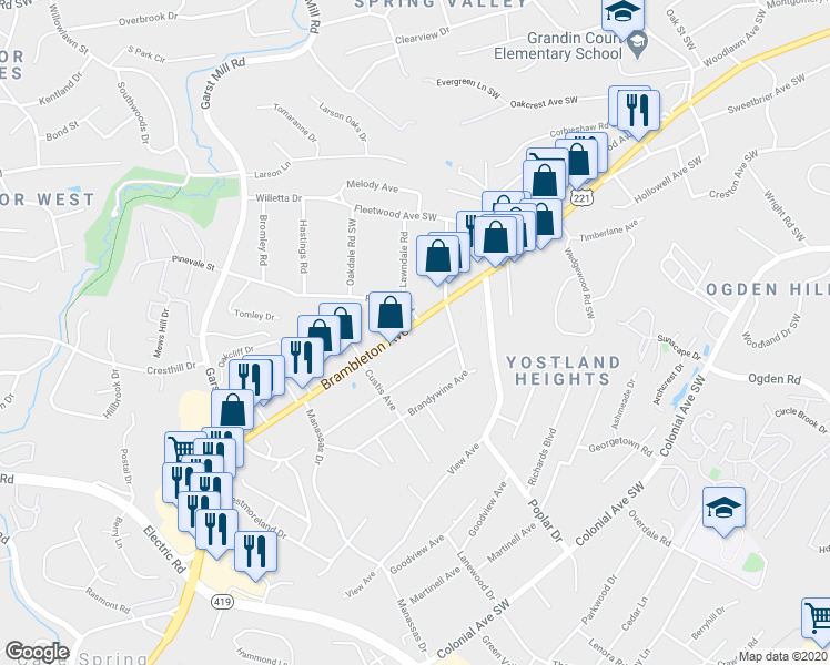 map of restaurants, bars, coffee shops, grocery stores, and more near 3426 Brambleton Avenue in Cave Spring