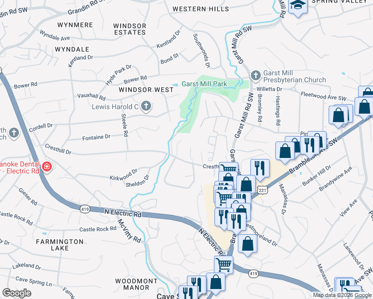 map of restaurants, bars, coffee shops, grocery stores, and more near 4221 Millcrest Court in Cave Spring