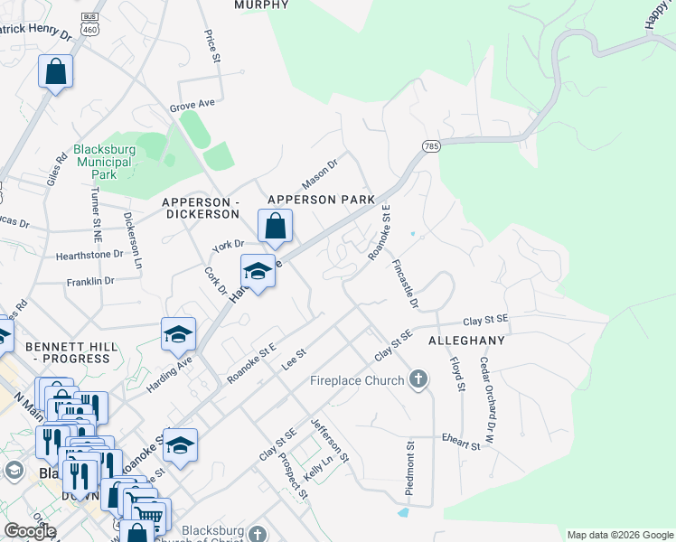 map of restaurants, bars, coffee shops, grocery stores, and more near 1001 Chateau Court in Blacksburg
