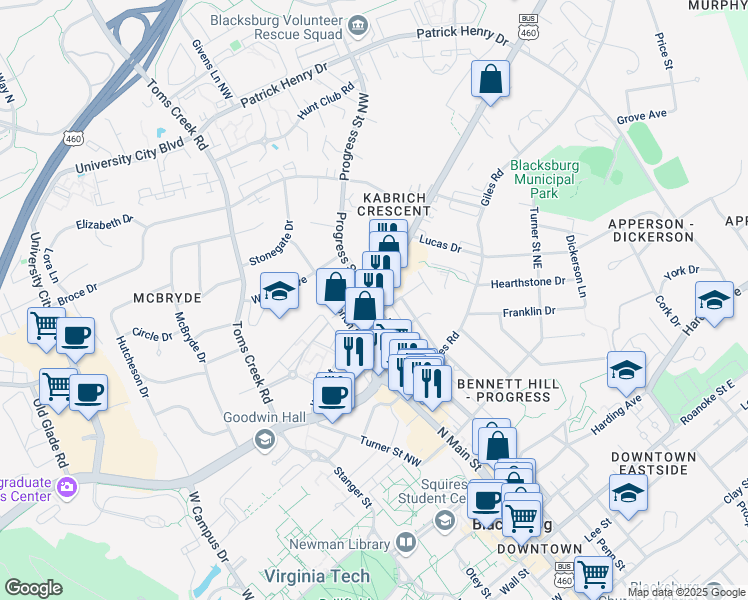map of restaurants, bars, coffee shops, grocery stores, and more near 901 Progress Street Northeast in Blacksburg