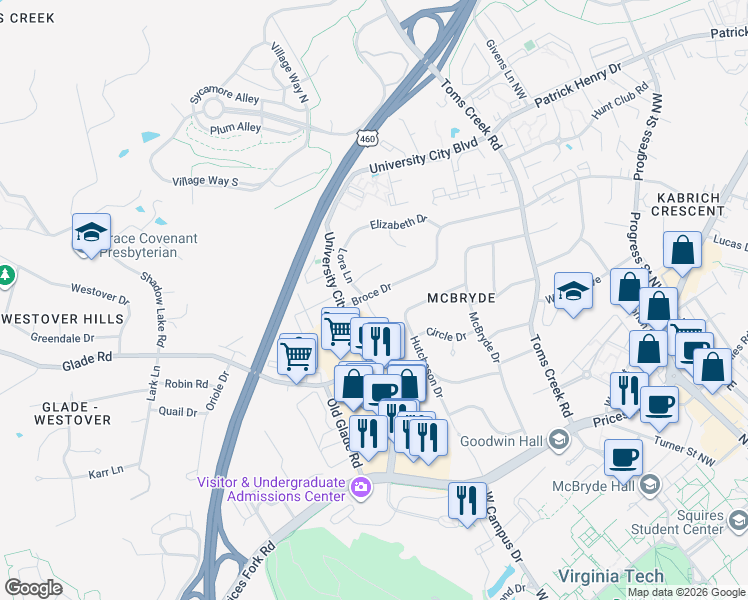 map of restaurants, bars, coffee shops, grocery stores, and more near 840 Hutcheson Drive in Blacksburg