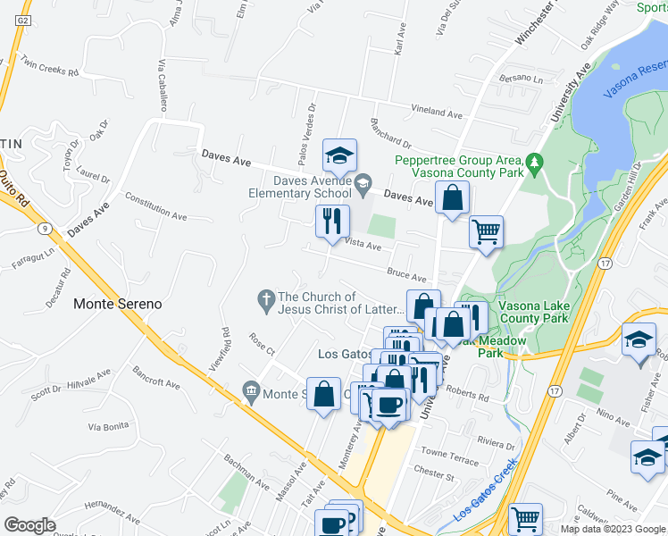 map of restaurants, bars, coffee shops, grocery stores, and more near 15854 Poppy Lane in Monte Sereno