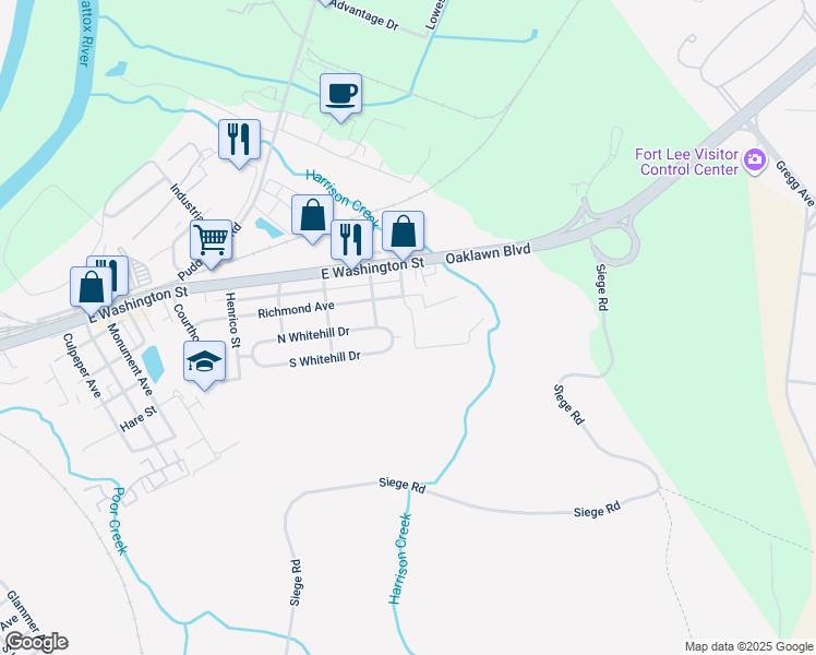map of restaurants, bars, coffee shops, grocery stores, and more near 110 Croatan Drive in Petersburg