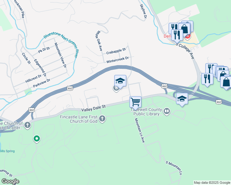 map of restaurants, bars, coffee shops, grocery stores, and more near 210 Valley Dale Street in Bluefield
