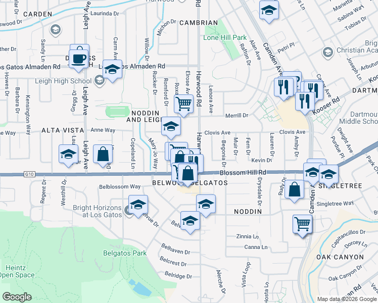 map of restaurants, bars, coffee shops, grocery stores, and more near Gilda Way & Thureson Way in San Jose