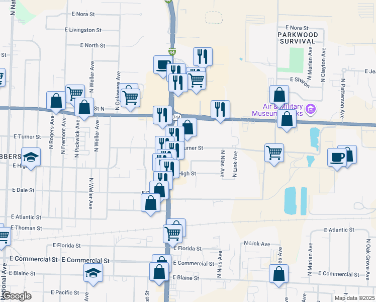 map of restaurants, bars, coffee shops, grocery stores, and more near 1840 East Turner Street in Springfield